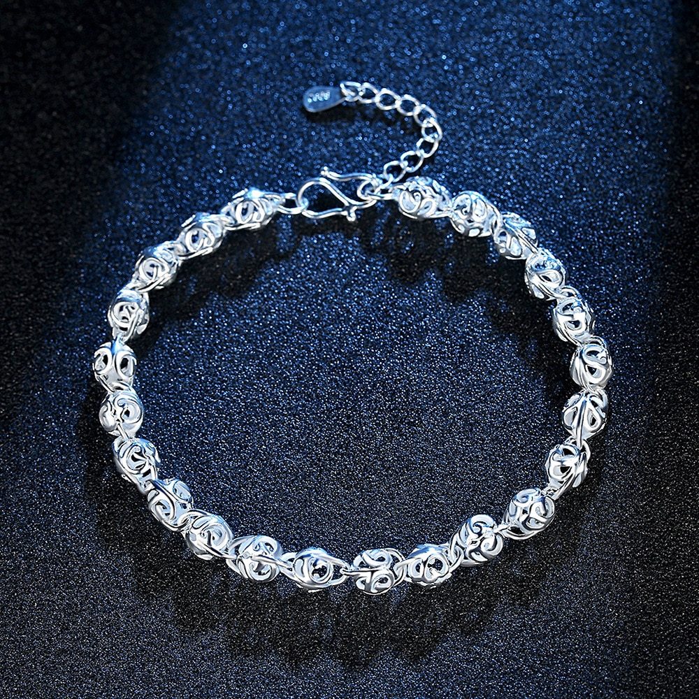 Factory direct sales new 925 Stamp Silver color Bracelet for Women lovely Hollow ball Chain Fashion Wedding Party Gift Jewelry