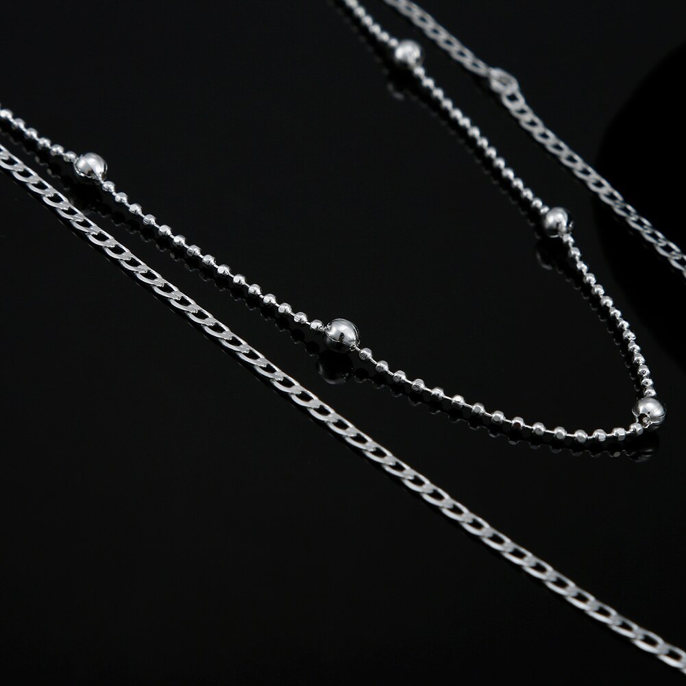 Original wild 2pcs 925 Stamp Silver color Flat beads chain necklace set jewelry for Men Women fashion party wedding Holiday gift