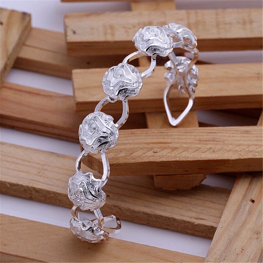 Fashion 925 Stamp Silver color rose flower bangle rings Bracelets necklaces earrings stud Jewelry set for women wedding Party