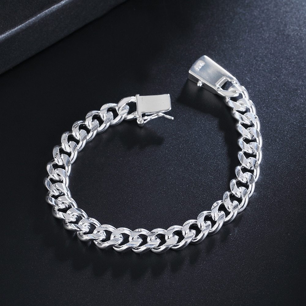 Hot 925 Stamp Silver color Bracelets for women 10MM Classic fine Chain for man Wedding party Christmas Gifts fashion Jewelry