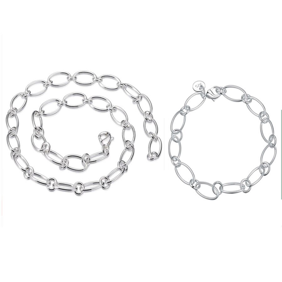 high quality Fine 925 Stamp Silver color necklace bracelet set for women men chain Circle fashion Silver jewelry 18inches