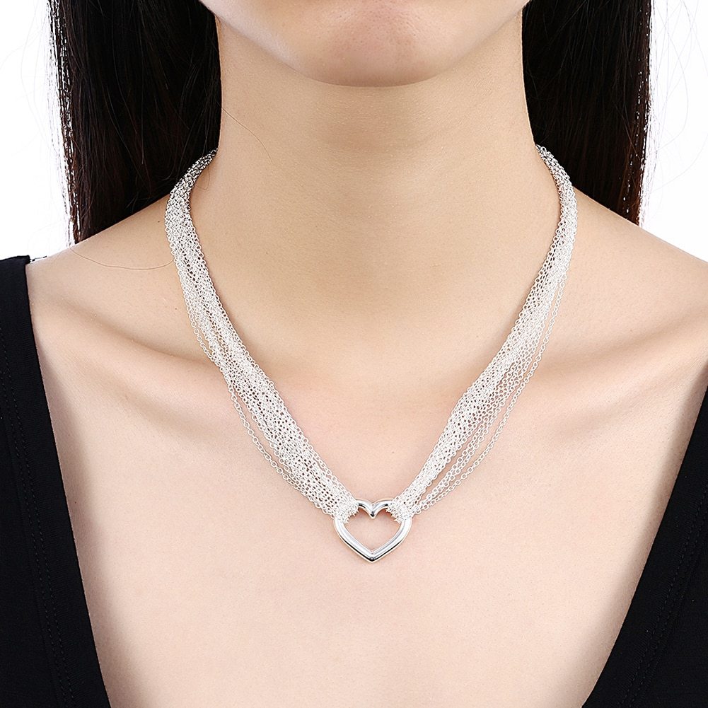 925 Stamp Silver color charm Tassel Chain Heart bracelets neckalce jewelry set for women Fashion Party wedding  gift
