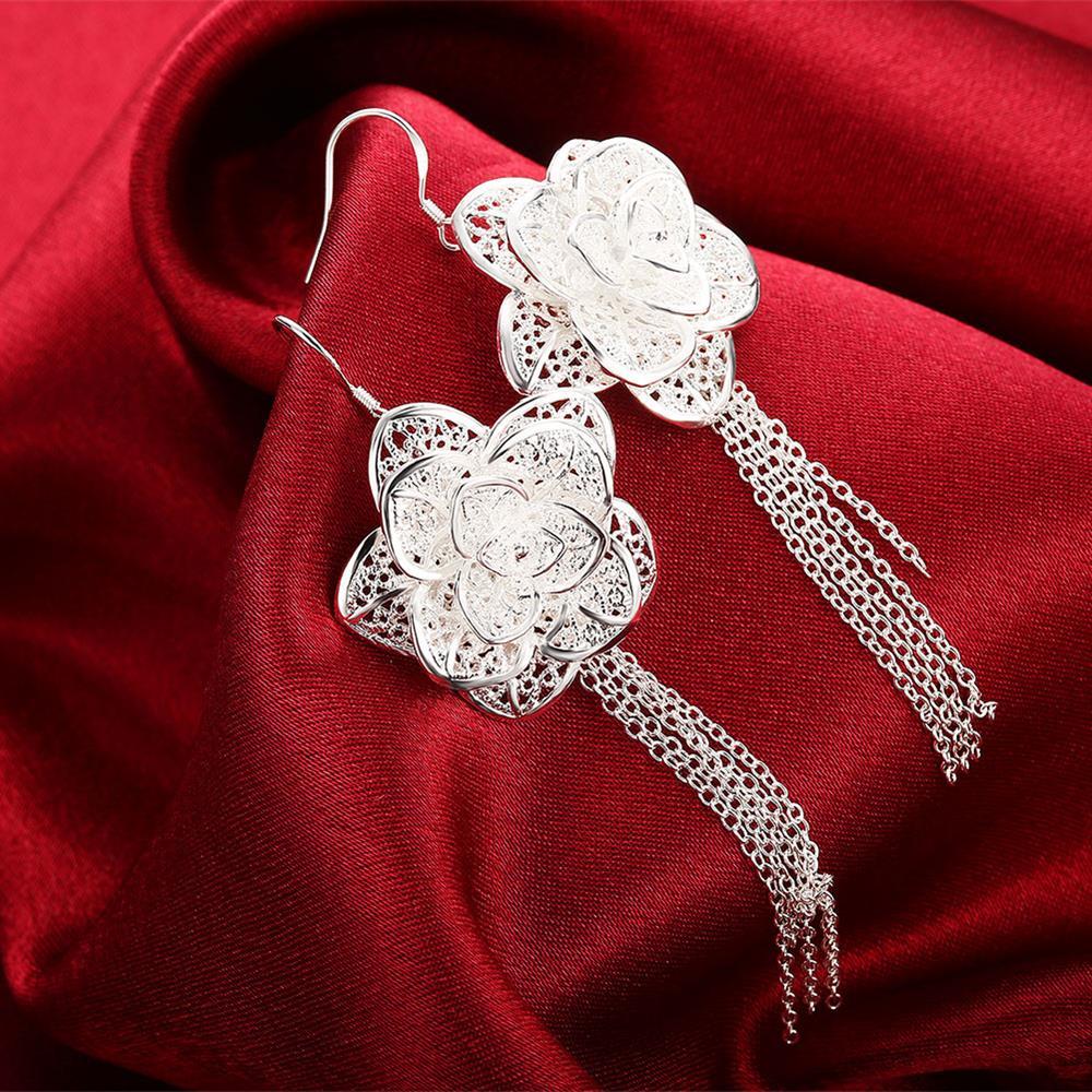 Special offer 925 Stamp Silver color big flower bangle bracelet earrings Jewelry set for women fashion party wedding  Gift