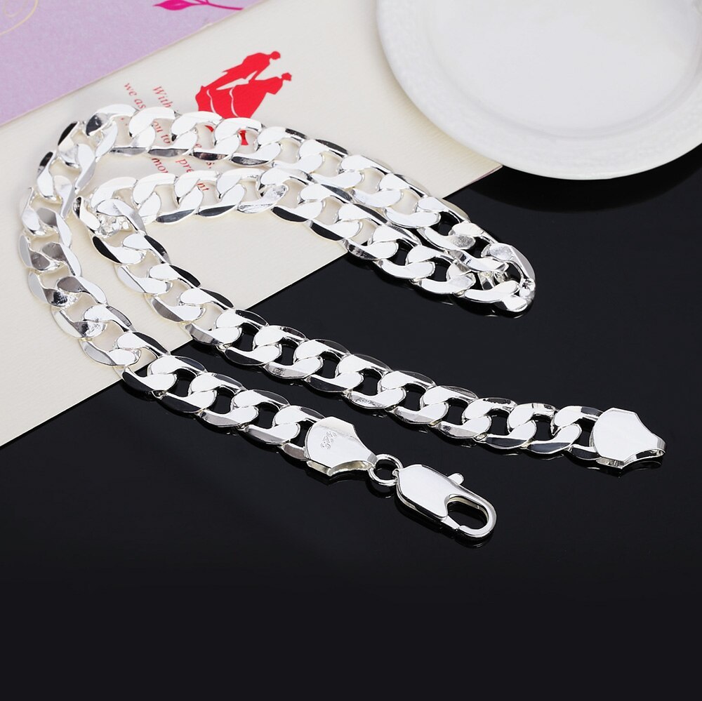 hot 925 Stamp Silver color classic Cuban 12MM chain necklace for men 18-30 inches Charm Fashion jewelry party wedding