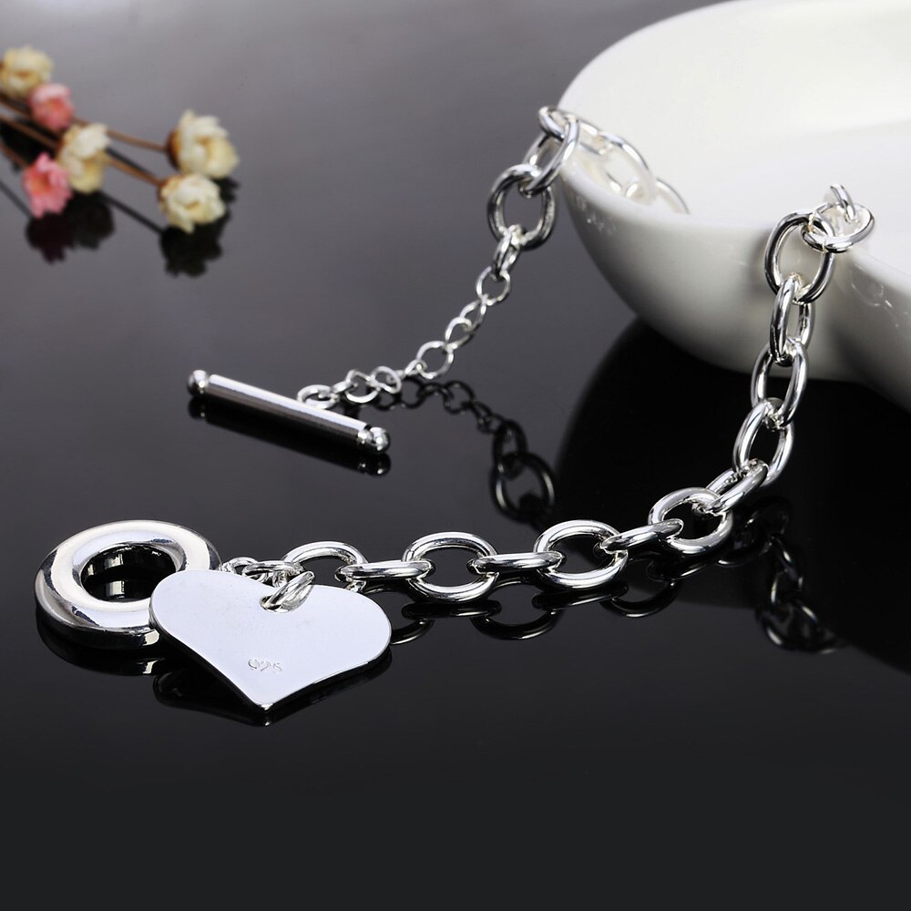 Factory direct fashion 925 Stamp Silver color Bracelet for woman Beautiful Heart pendant chain fine jewelry Wedding party gift