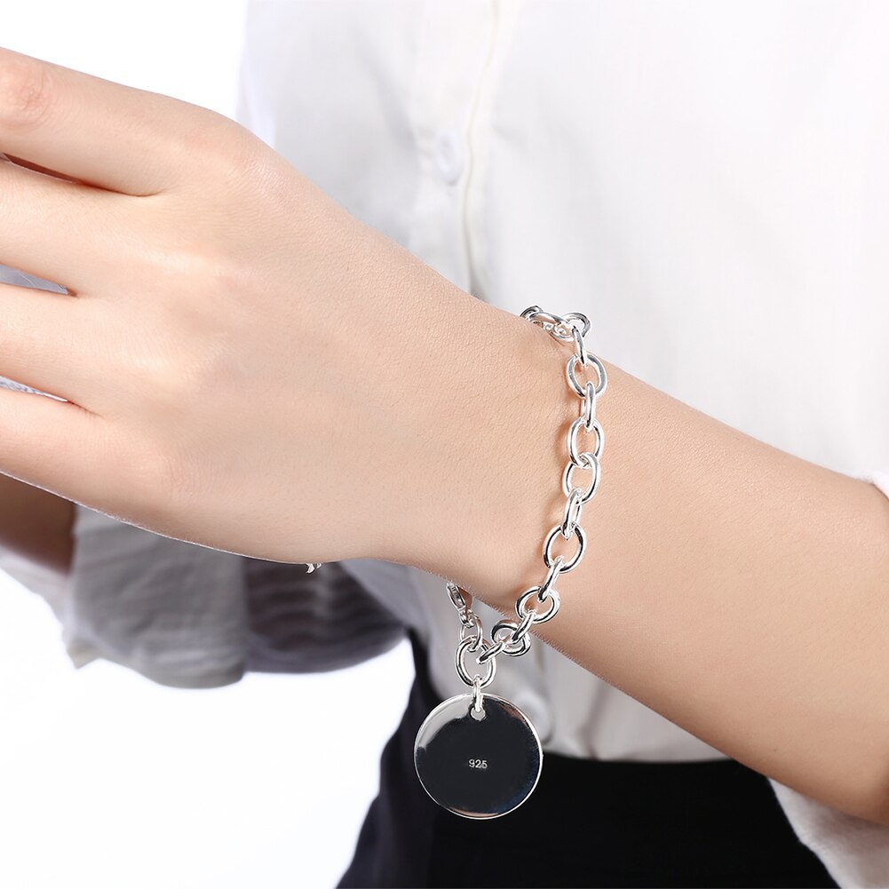 wholesale Hot 925 Stamp Silver color Round card Pendant Bracelets for men's women Wedding party Christmas Gifts fashion Jewelry