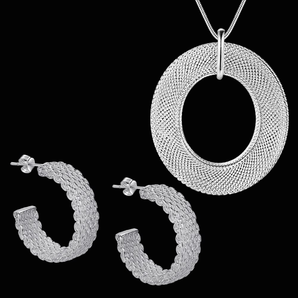 Factory direct Hot 925 Stamp Silver color Fine Mesh Pendant necklace earrings stud for woman Fashion Party wedding Jewelry set