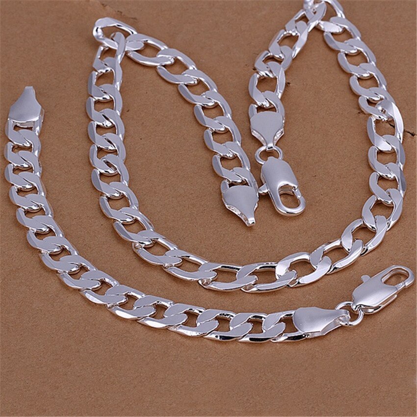 Hot fine 925 Stamp Silver color classic 10mm Geometric chain bracelet necklace for Men's Jewelry sets Fashion Party Holiday gift