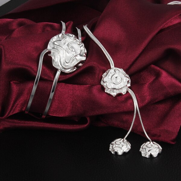 Women 925 Stamp Silver color rose flower necklaces bangles high quality Jewelry set fashion Party wedding lady Christmas gifts