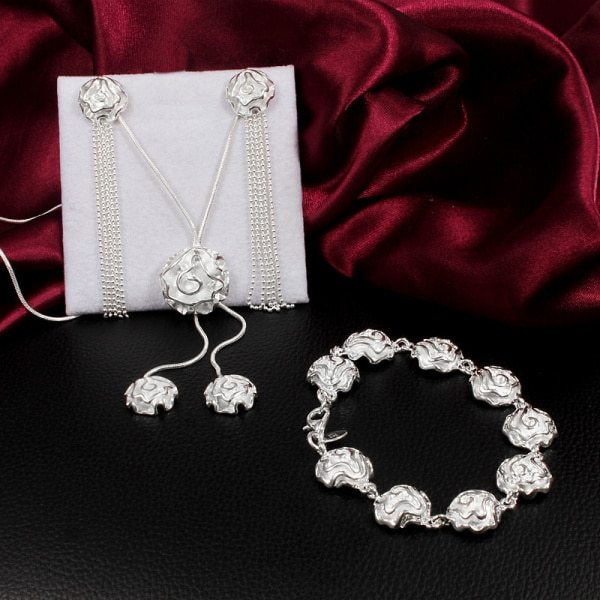 Charm Rose flower 925 Stamp Silver color necklace bracelet earrings Jewelry set for women elegant gril Party wedding gift