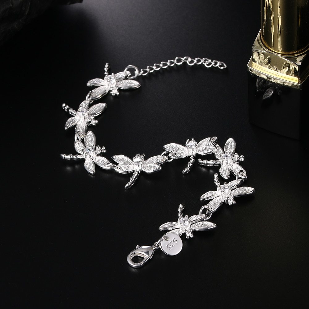 Hot sale fashion 925 Stamp Silver color Bracelet for woman fine crystal Dragonfly chain Wedding party Christmas Gifts Jewelry