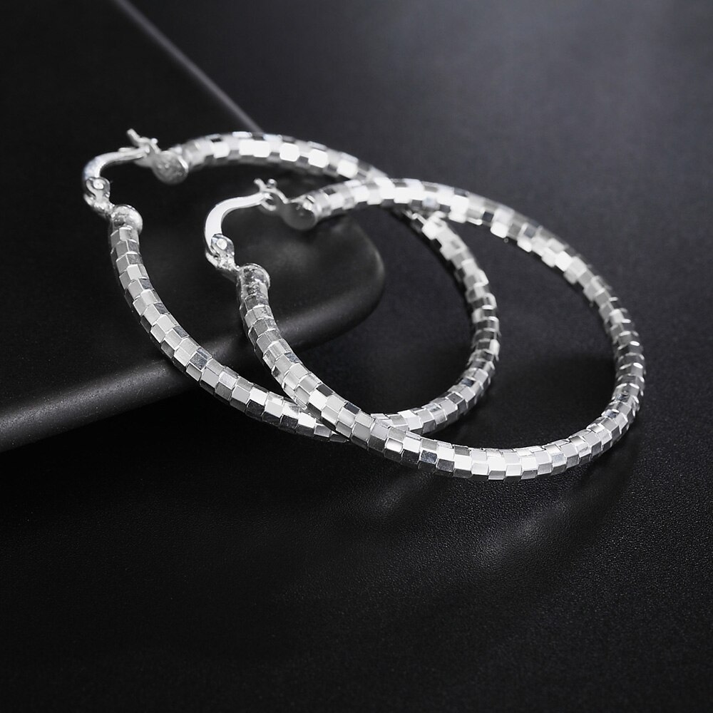 Solid 925 Stamp Silver color Earrings for Women Jewelry Sweet romantic Lattice pattern 4CM Big circle hoop Earrings wedding Gift