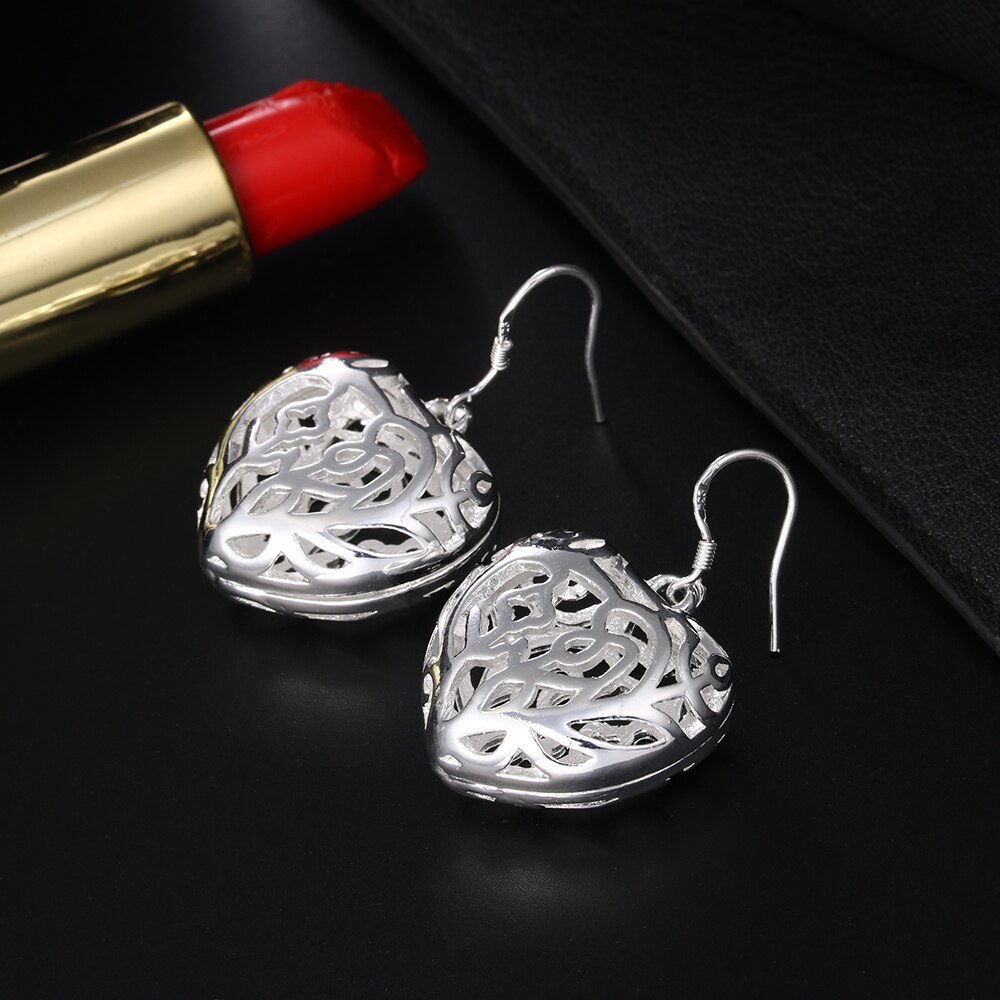 New 925 Stamp Silver color Earrings for Women Beautiful hollow big heart Earrings Fashion Gifts Wedding party Jewelry