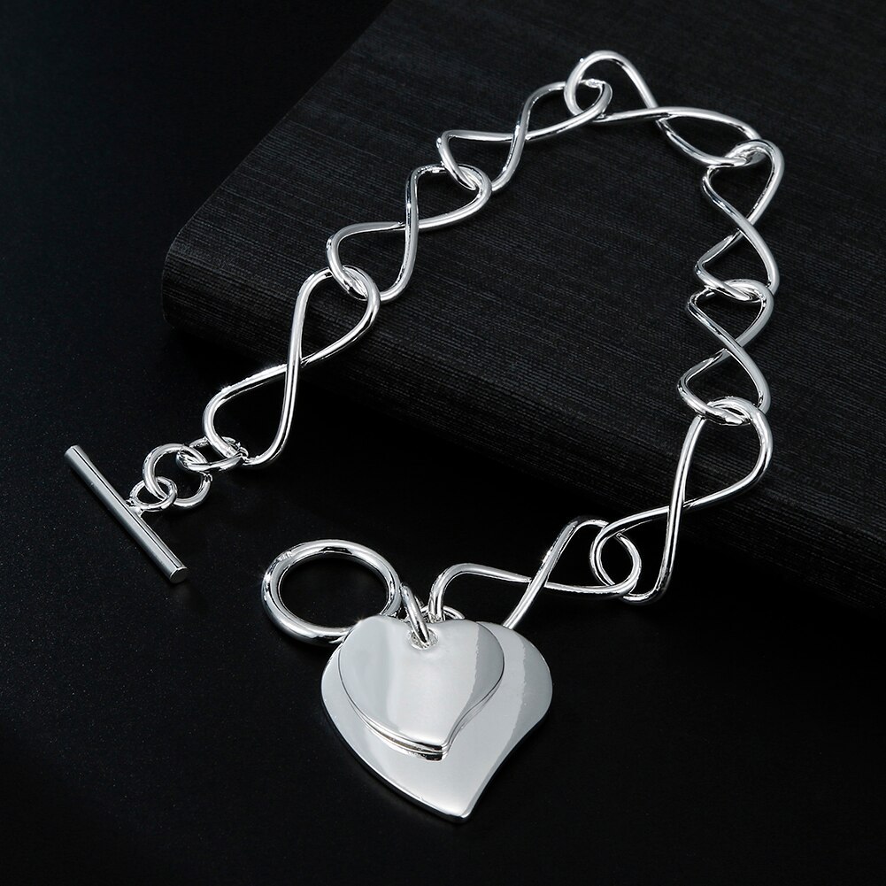 High quality 925 Stamp Silver color romantic Double Heart Pendant Bracelets for women Fashion party wedding accessories Jewelry