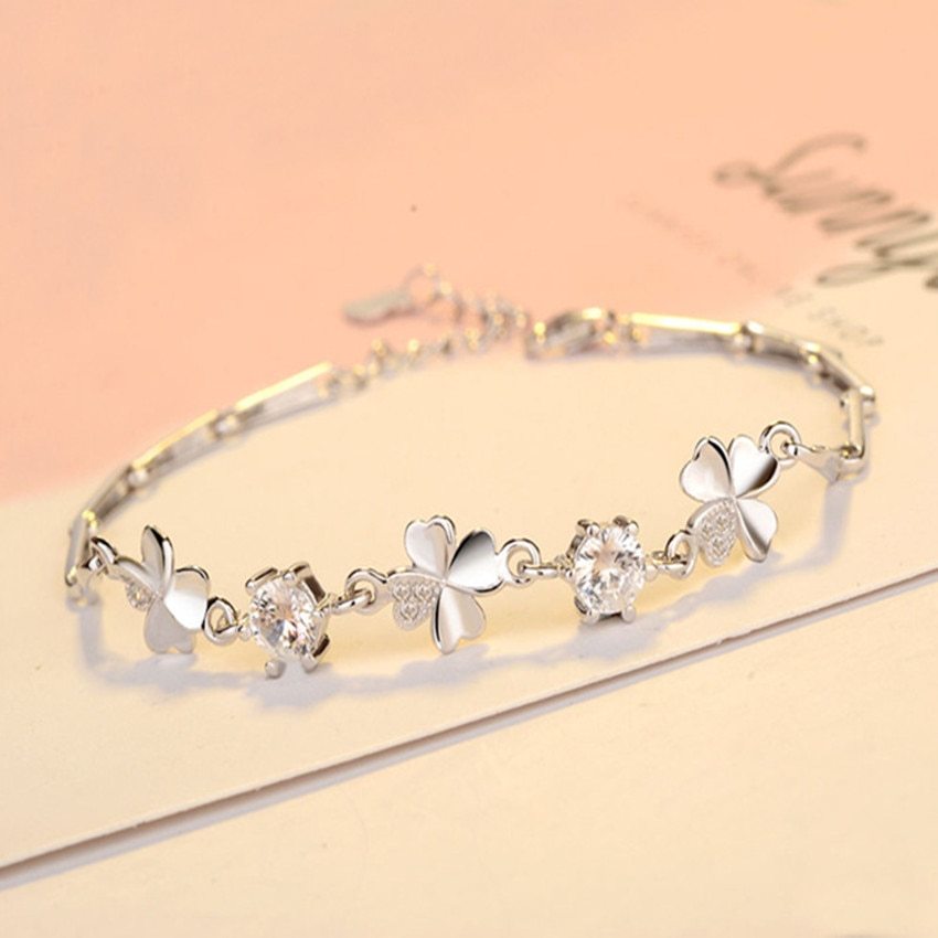 hot sale 925 Stamp Silver color Zircon Lucky Clover Bracelets crystals chain For Women Valentines Gift Wedding party Jewelry
