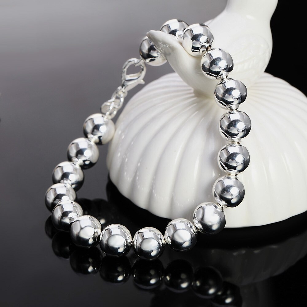 Hot sale fashion 925 Stamp Silver color Bracelet for man woman classic 10MM Bead chain Wedding party Christmas Gifts new Jewelry