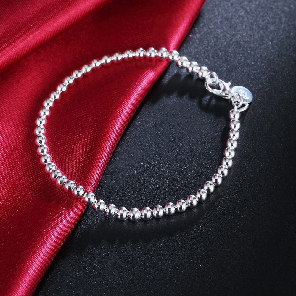 Fashion charm 925 Stamp Silver color Bracelet for woman 4MM beads chain jewelry Wedding party Christmas gifts