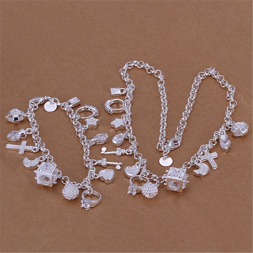 Hot 925 Stamp Silver color Crystal cross heart Moon stars Bracelets necklace Jewelry set for Women Fashion Party Christmas Gifts