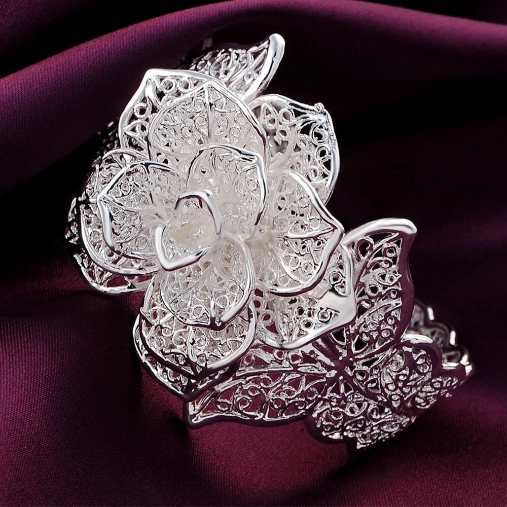 Special offer 925 Stamp Silver color big flower bangle bracelet earrings Jewelry set for women fashion party wedding  Gift