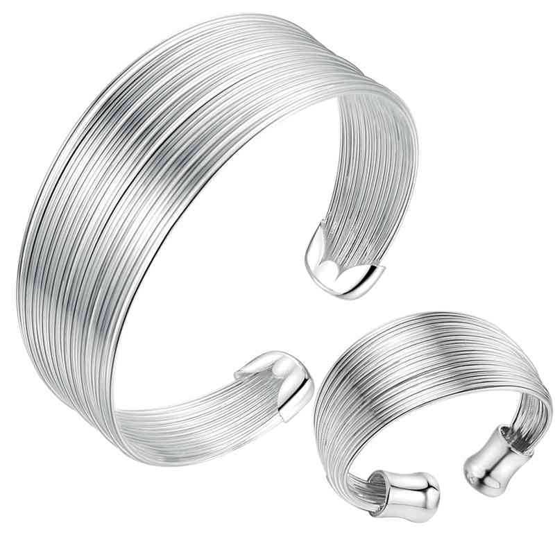 Beautiful 925 Stamp Silver color Retro Multi-line bangle rings Bracelets Jewelry set for women adjustable size Fashion gifts