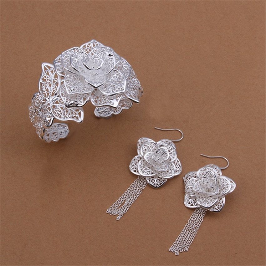 Special offer 925 Stamp Silver color big flower bangle bracelet earrings Jewelry set for women fashion party wedding  Gift