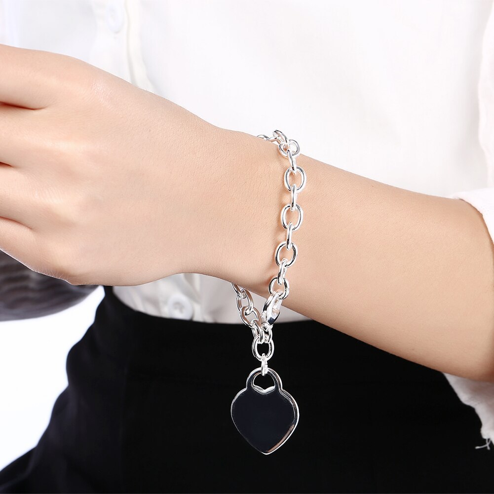 Factory direct fashion 925 Stamp Silver color Bracelet for woman Simple heart card chain hot fine jewelry Wedding party gifts