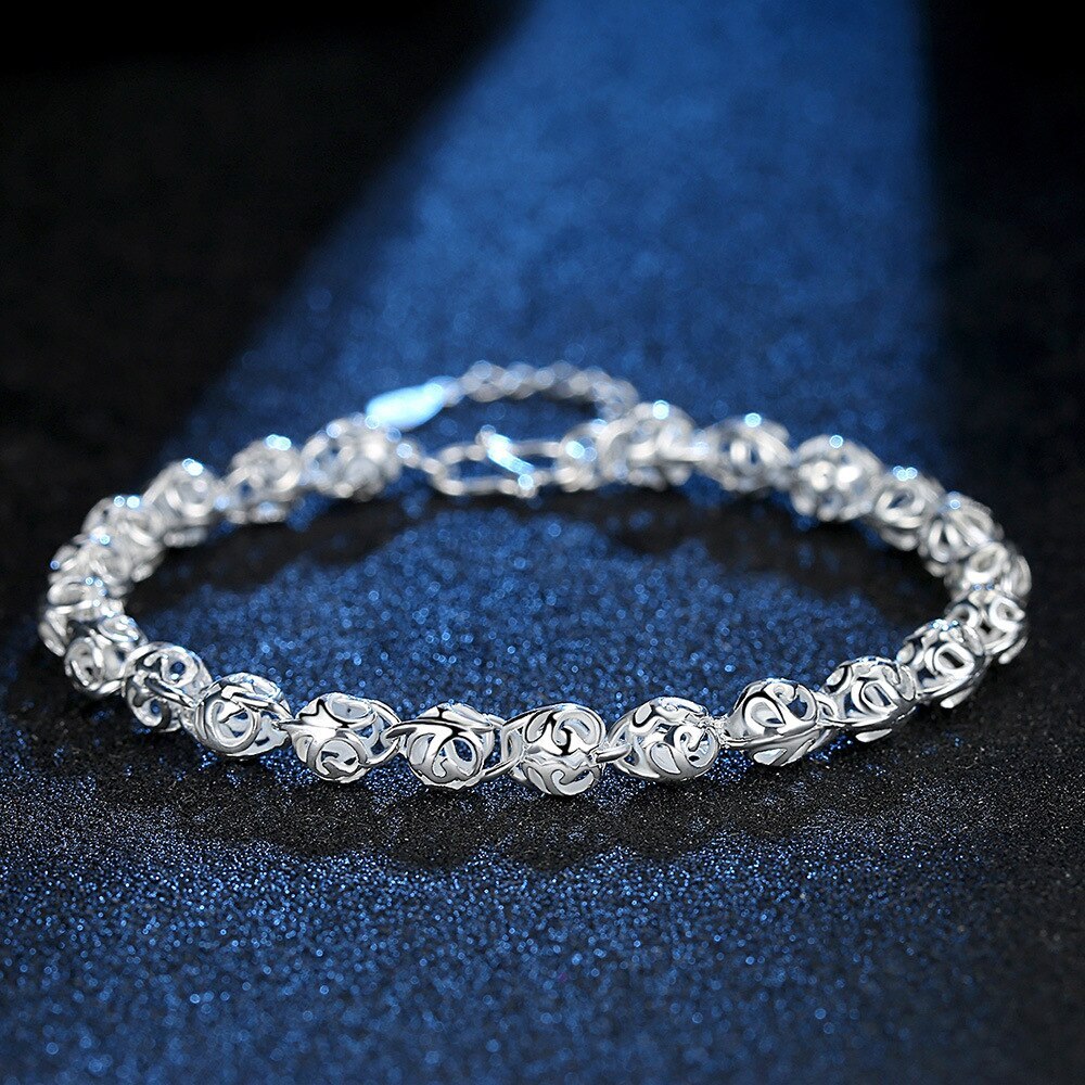 Factory direct sales new 925 Stamp Silver color Bracelet for Women lovely Hollow ball Chain Fashion Wedding Party Gift Jewelry