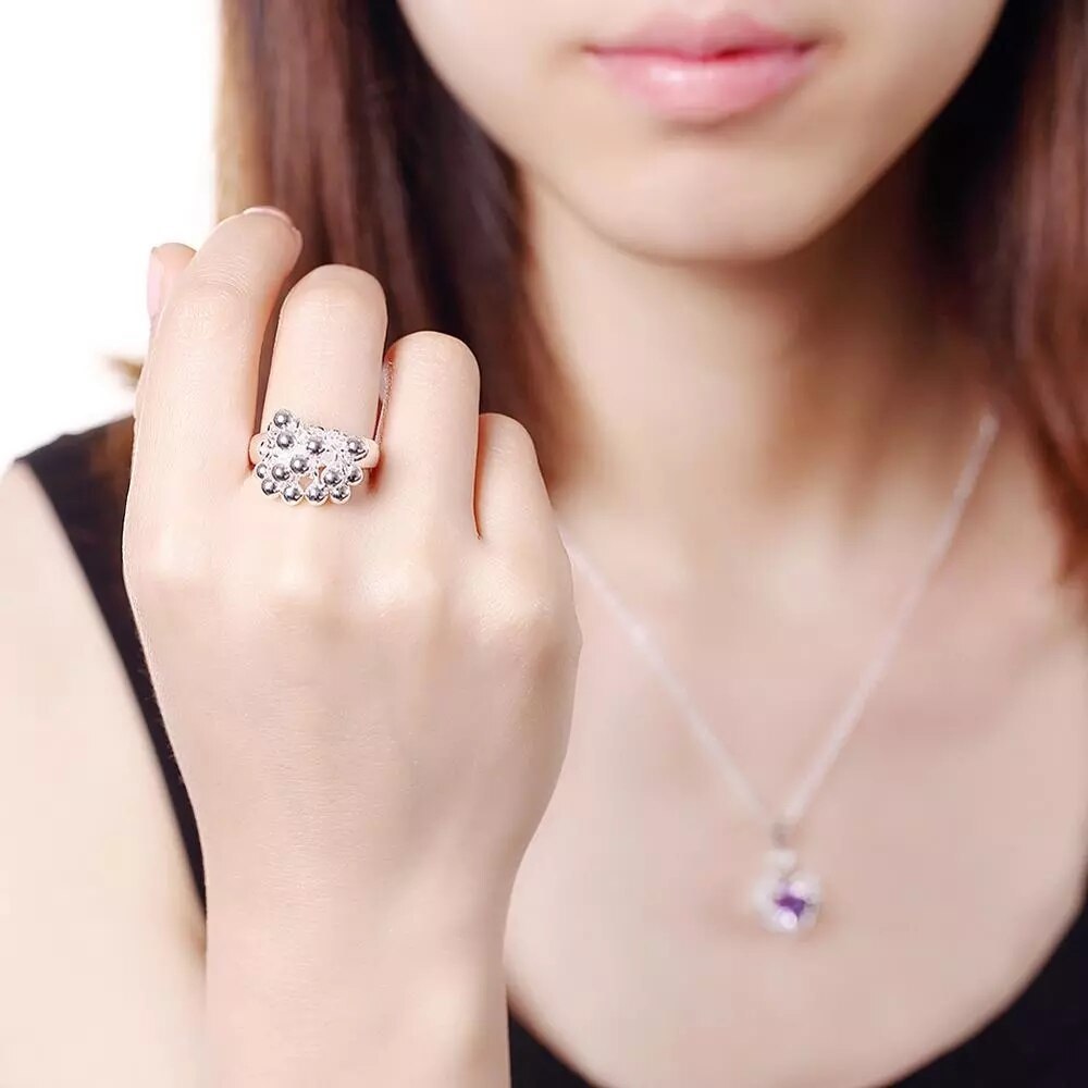 Fine Grape beads pendant bangle 925 Stamp Silver color Jewelry set earrings bracelet rings necklaces for women wedding Party