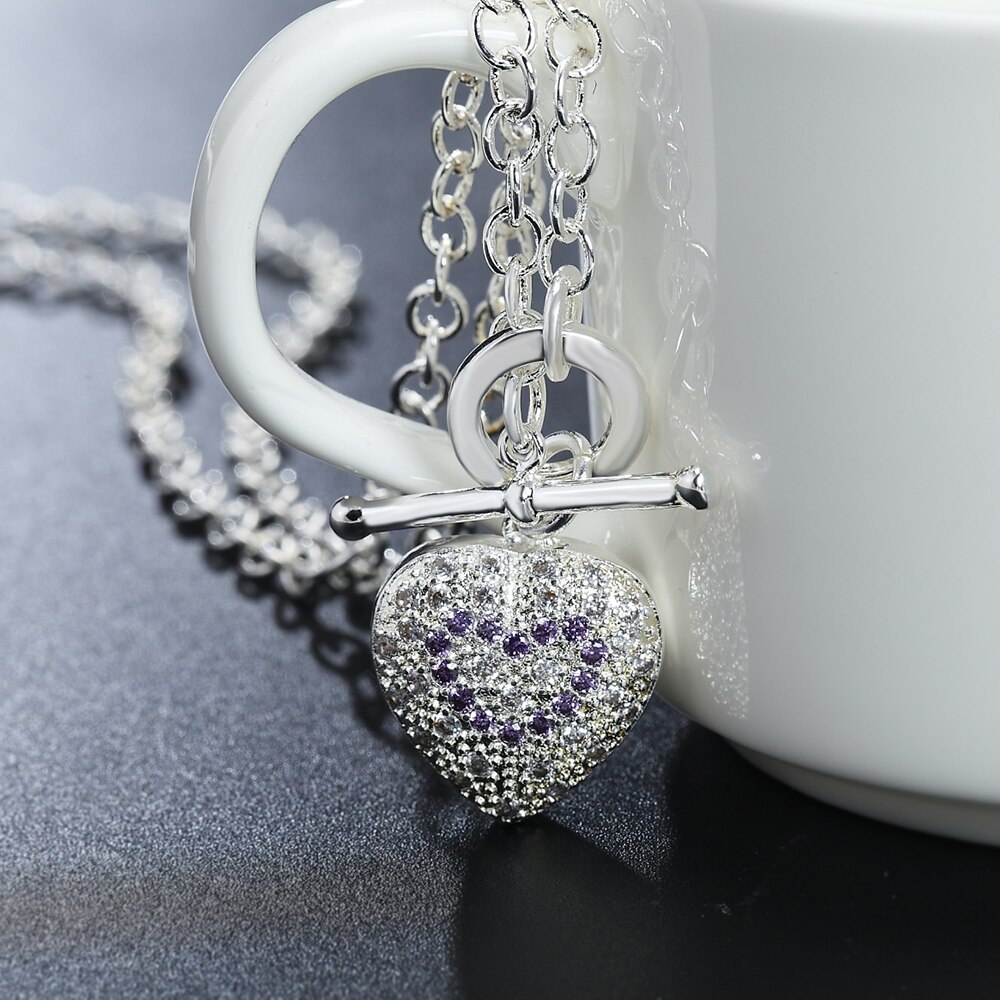 New 925 Stamp Silver color fine heart crystal pendant necklace bracelets Jewelry sets for women Fashion Party wedding gift