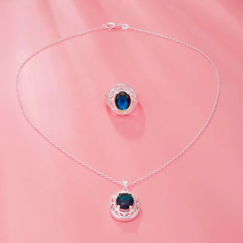 Charm 925 Stamp Silver classic Blue Crystal Oval Pendant Necklaces rings For Women fashion designer party wedding Jewelry sets