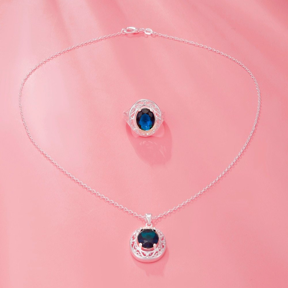 Charm 925 Stamp Silver classic Blue Crystal Oval Pendant Necklaces rings For Women fashion designer party wedding Jewelry sets