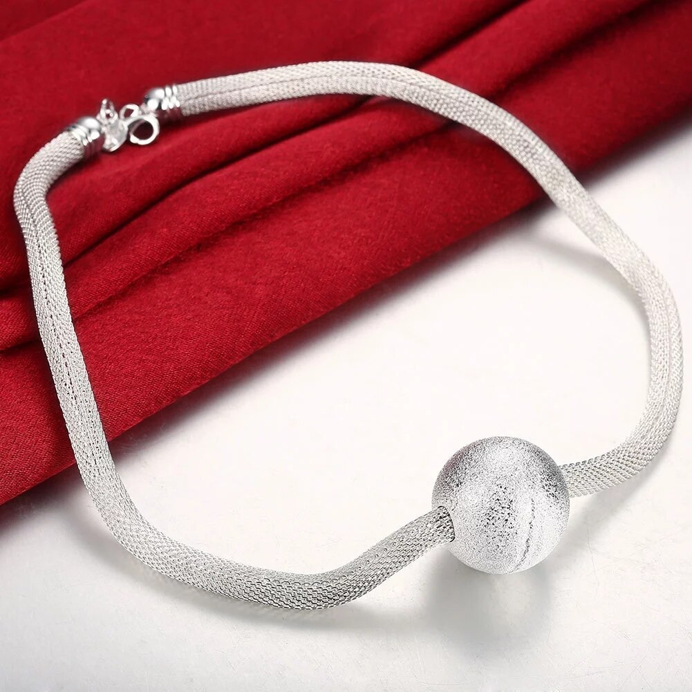 Hot 925 Stamp Silver color Necklace For Women Jewelry romantic Net Chain Frosted large beads Pendant gifts Wedding party