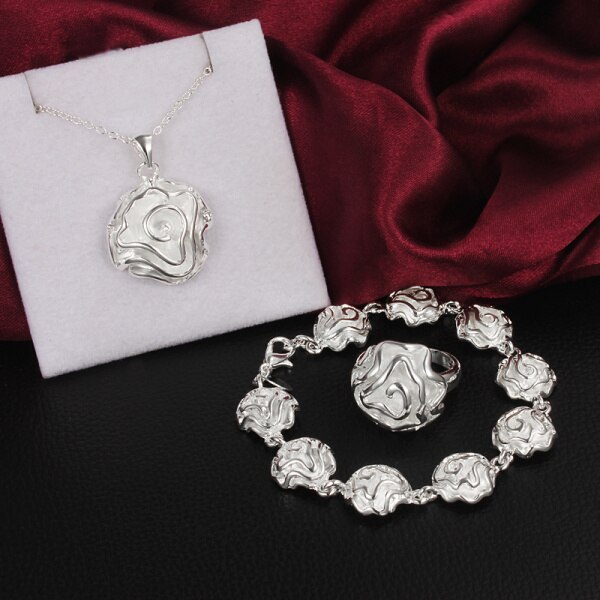 Luxury 925 Stamp Silver color fine rose flower Jewelry set rings Bracelets necklaces for women fashion Party wedding gift