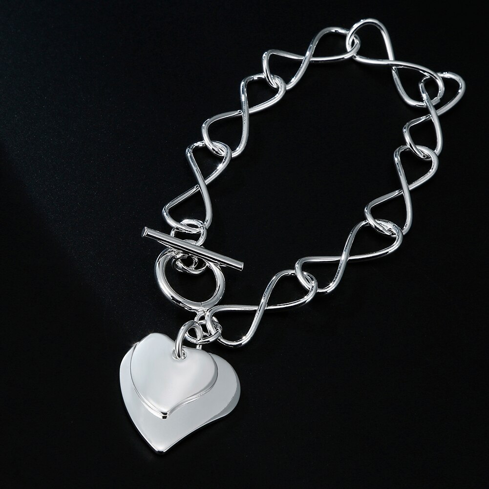 High quality 925 Stamp Silver color romantic Double Heart Pendant Bracelets for women Fashion party wedding accessories Jewelry