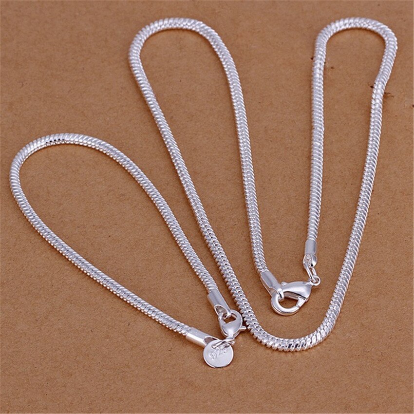 Hot classic 3MM Snake bone chain 925 Stamp Silver color bracelets neckalce Jewelry sets for women man Fashion Party wedding Gift
