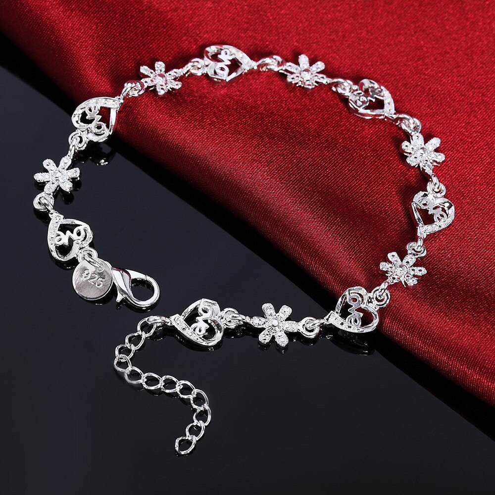 Fashion 925 Stamp Silver color Bracelet for woman crystal romantic heart flowers chain fine jewelry Wedding party lady gifts