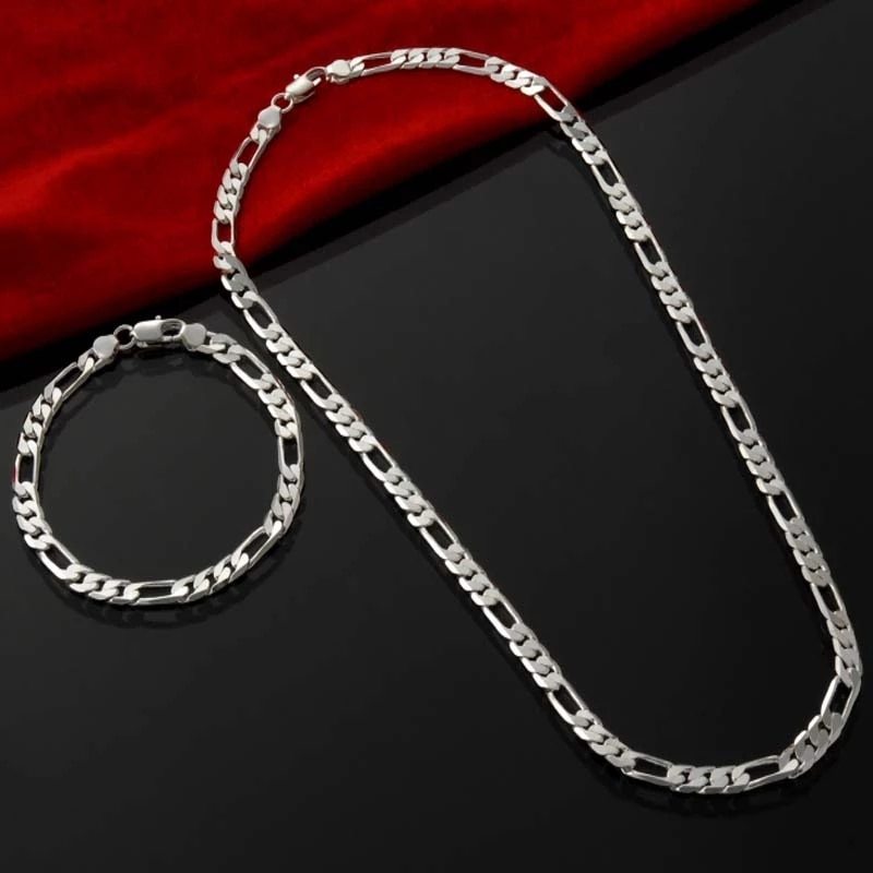 925 Stamp Silver color 4MM chain for men Women Bracelet Necklace jewelry set lady classic fashion Christma gifts charms wedding