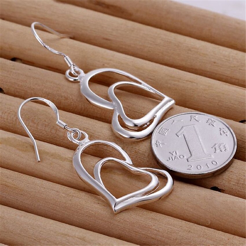 Nwe hot 925 Stamp Silver color fine Double Heart earrings stud necklace Jewelry sets for women Fashion Party wedding lady Gifts