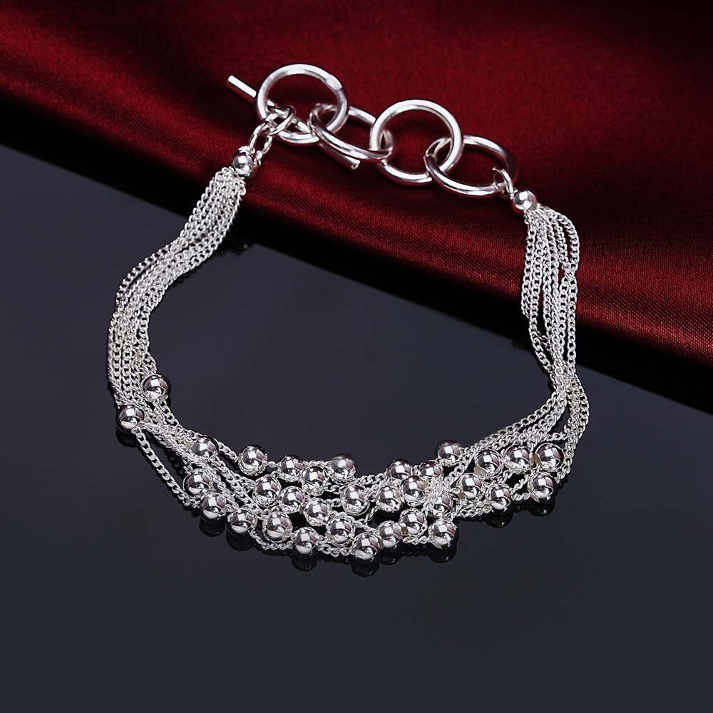 Hot charm 925 Stamp Silver color Bracelet for woman Five-line tassel beads chain Wedding party Christmas Gifts fashion Jewelry