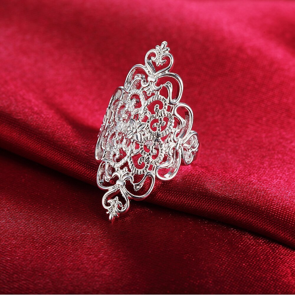 Hot luxury 925 Stamp Silver color Rings For Women fine wide Retro elegant flower Fashion Party Gifts Girl  Charm wedding Jewelry