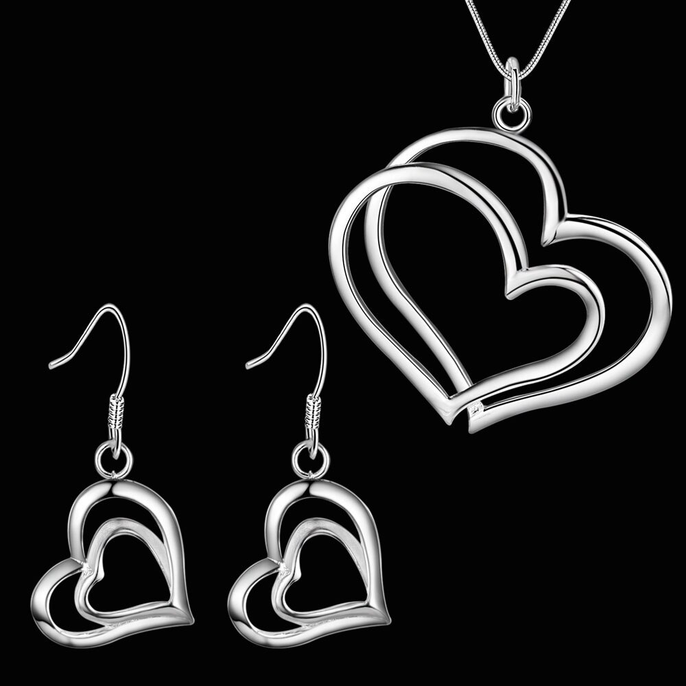 Nwe hot 925 Stamp Silver color fine Double Heart earrings stud necklace Jewelry sets for women Fashion Party wedding lady Gifts