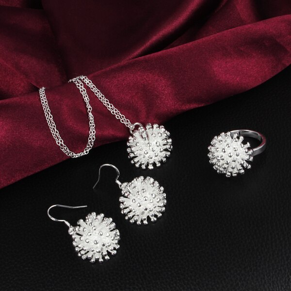 Factory direct 925 Stamp Silver color Fireworks Pendant necklace earring rings Jewelry set for women classic Fashion Party gifts