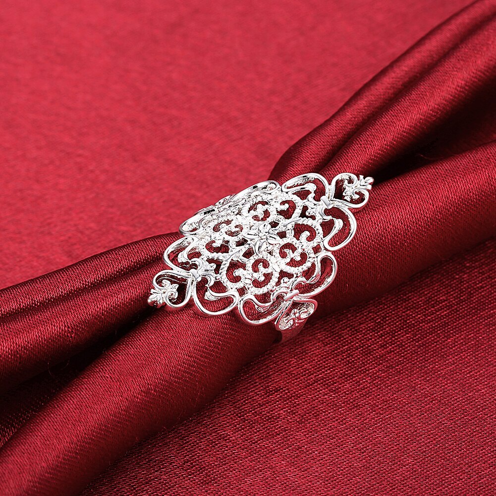 Hot luxury 925 Stamp Silver color Rings For Women fine wide Retro elegant flower Fashion Party Gifts Girl  Charm wedding Jewelry