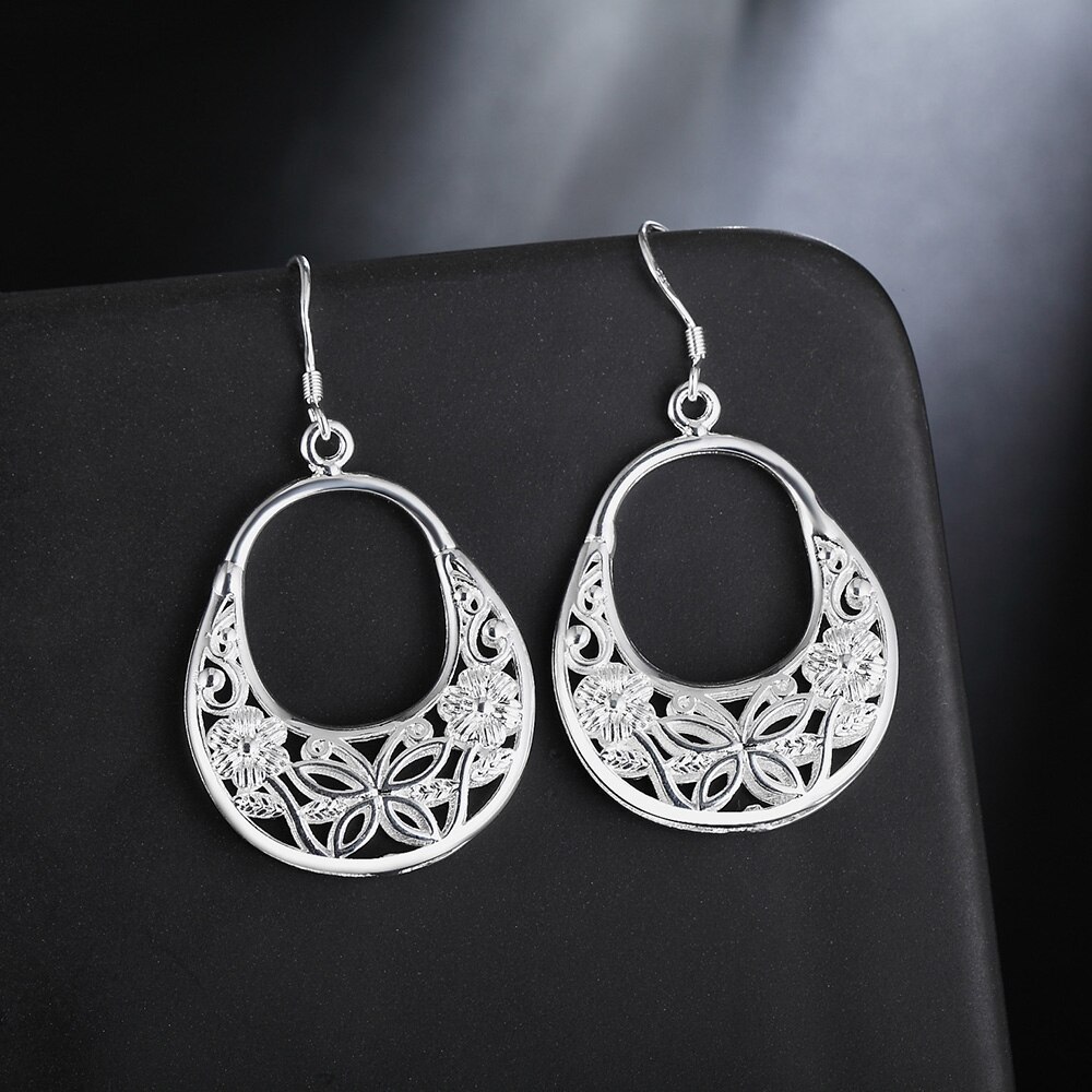 New Selling 925 Stamp Silver color Carved butterfly flower Earrings for Women Fashion party Jewelry Gifts Wedding fancy earrings
