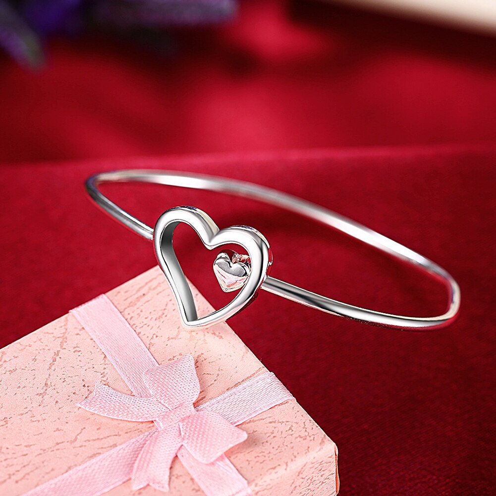 Hot fine 925 Stamp Silver color Romantic heart Bangles bracelets for women Couple gifts fashion party wedding engagement jewelry