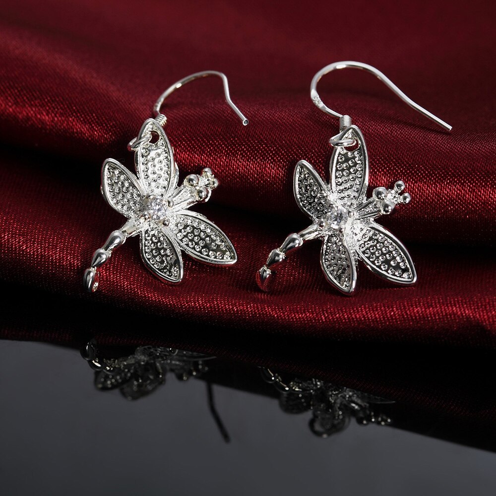 Hot sale fine Jewelry 925 Stamp Silver color Earrings for Woman Fashion crystal dragonfly earrings Gifts for girlfriends