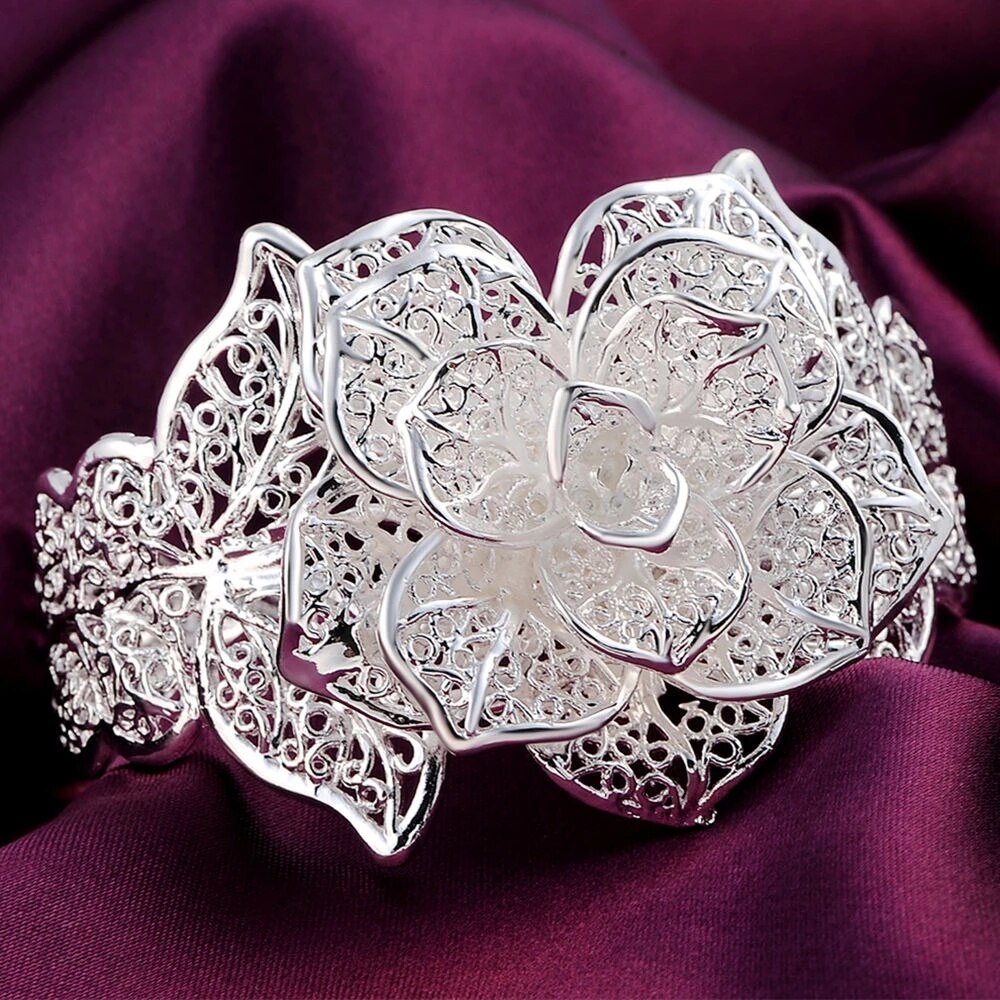 New charm 925 Stamp Silver color Jewelry set for women flower Pendant bangle earrings rings bracelet necklaces fashion party