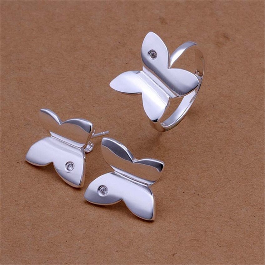 Fine 925 Stamp Silver color crystal butterfly earrings stud rings Jewelry sets for women Fashion happy Party wedding Gift