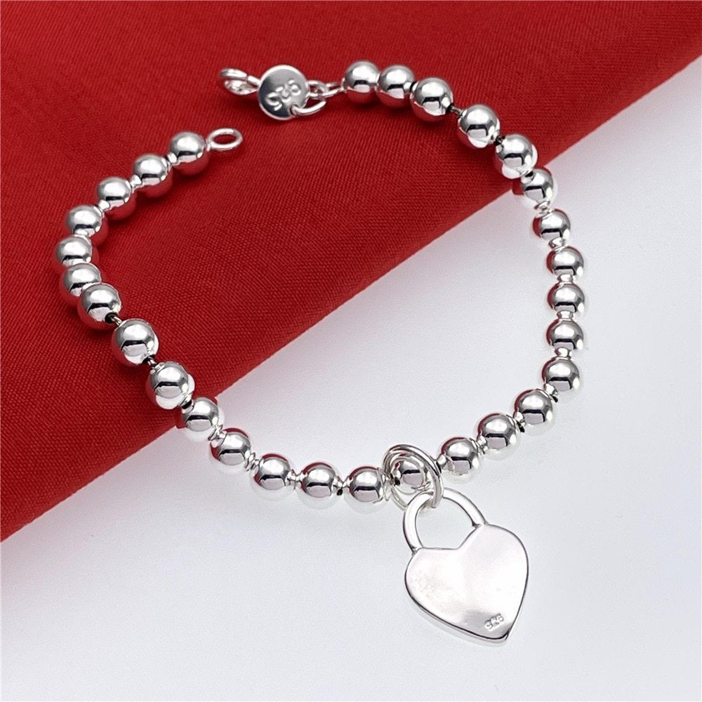 925 Stamp Silver color Pretty 6MM beads chain Heart Bracelets for Women Fashion party wedding accessories Jewelry Christmas gift