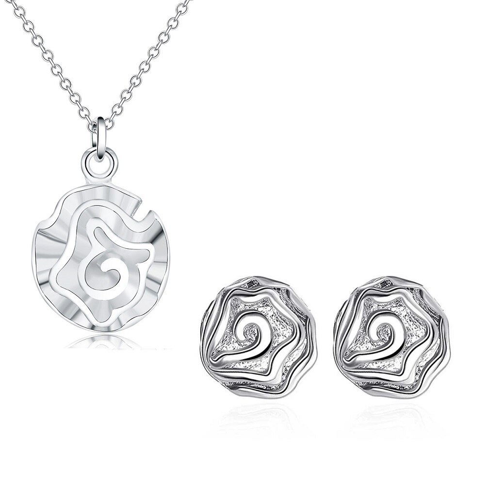 Fashion fine 925 Stamp Silver color beautiful rose flower Pendant earrings stud necklaces for women wedding Party Jewelry set